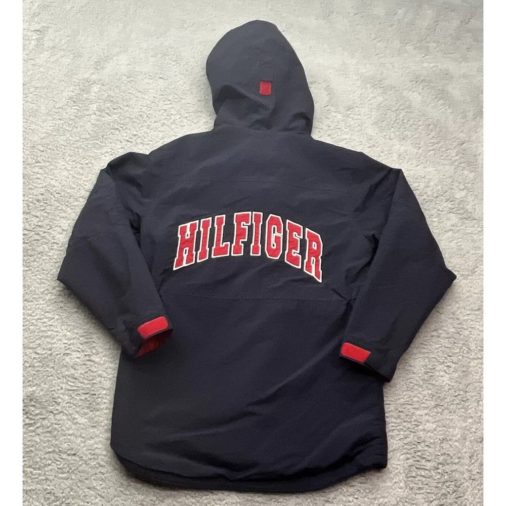 Tommy‎ Hilfiger Coat Youth XL Vintage Y2K Jacket Spell Out Back Blue Streetwear